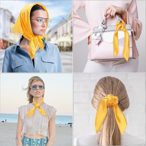 Women's Yellow Silk Feeling Scarf 23.6'' Square Satin Scarf Neck Head Bandana - Picture 7 of 7